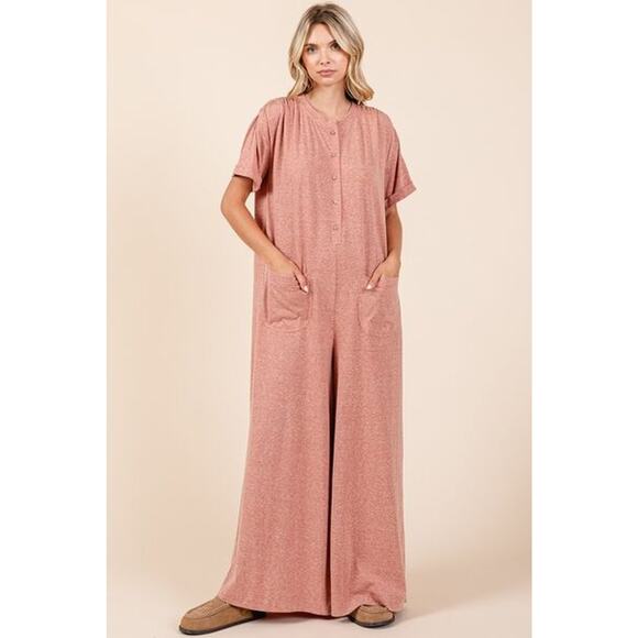 Mittoshop Button Detail Short Sleeves Relaxed Fit Wide Leg Jumpsuit | Ginger - Picture 4 of 6